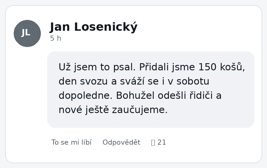 Výřez z komentáře starosty Jana Losenického ve facebookové diskusi o svozu košů