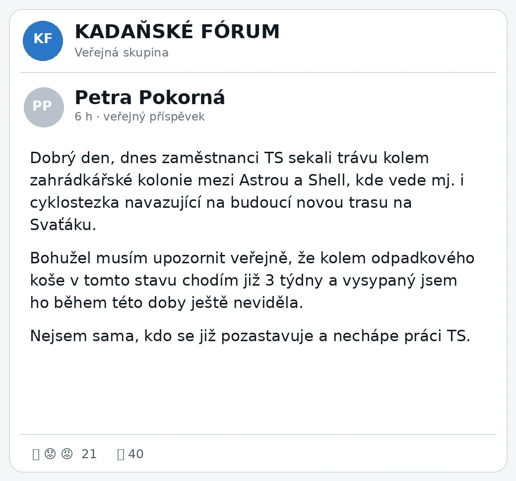 Výřez z veřejného facebookového příspěvku Petry Pokorné ve skupině Kadaňské fórum