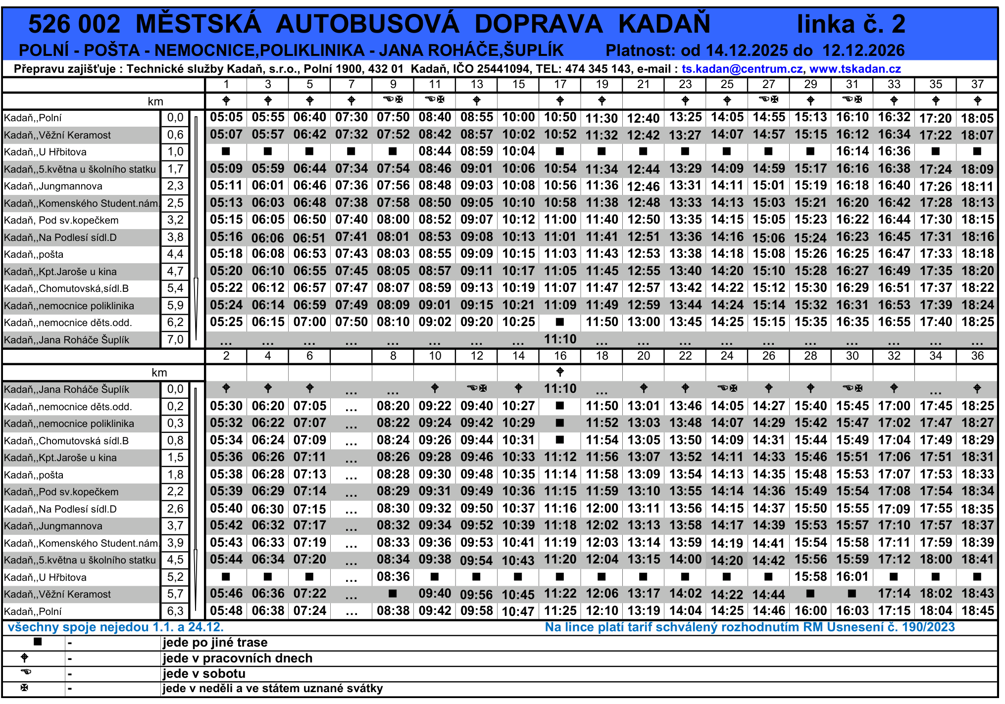 Úplný oficiální jízdní řád MHD Kadaň linky 2: všechny zastávky a časy v obou směrech včetně provozních poznámek, platnost 14. 12. 2025 až 12. 12. 2026