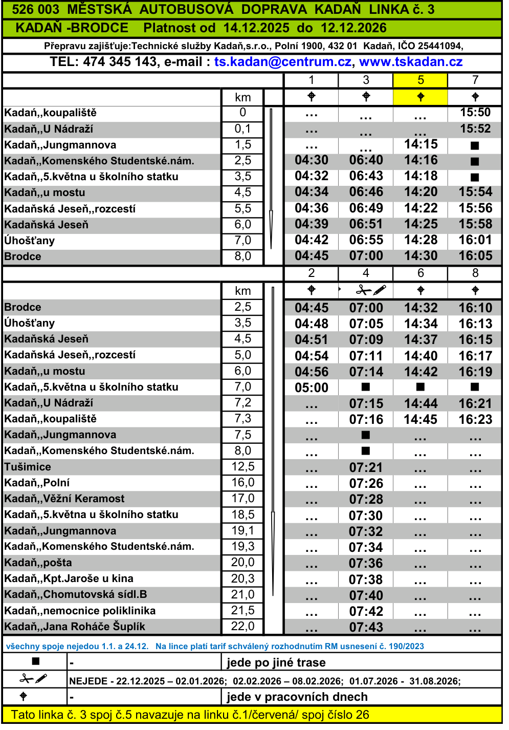 Úplný oficiální jízdní řád MHD Kadaň linky 3: všechny zastávky a časy v obou směrech včetně provozních poznámek, platnost 14. 12. 2025 až 12. 12. 2026