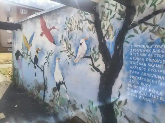 Celkový pohled na ptačí nástěnnou malbu s očíslovanými zvířaty a legendou