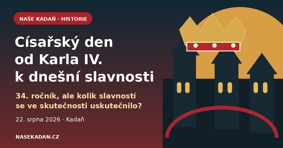 Redakční grafika Císařského dne s korunou a siluetou historické Kadaně