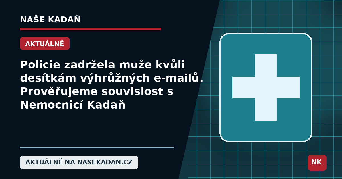 Redakční grafika Naše Kadaň k případu výhrůžných e-mailů a Nemocnice Kadaň