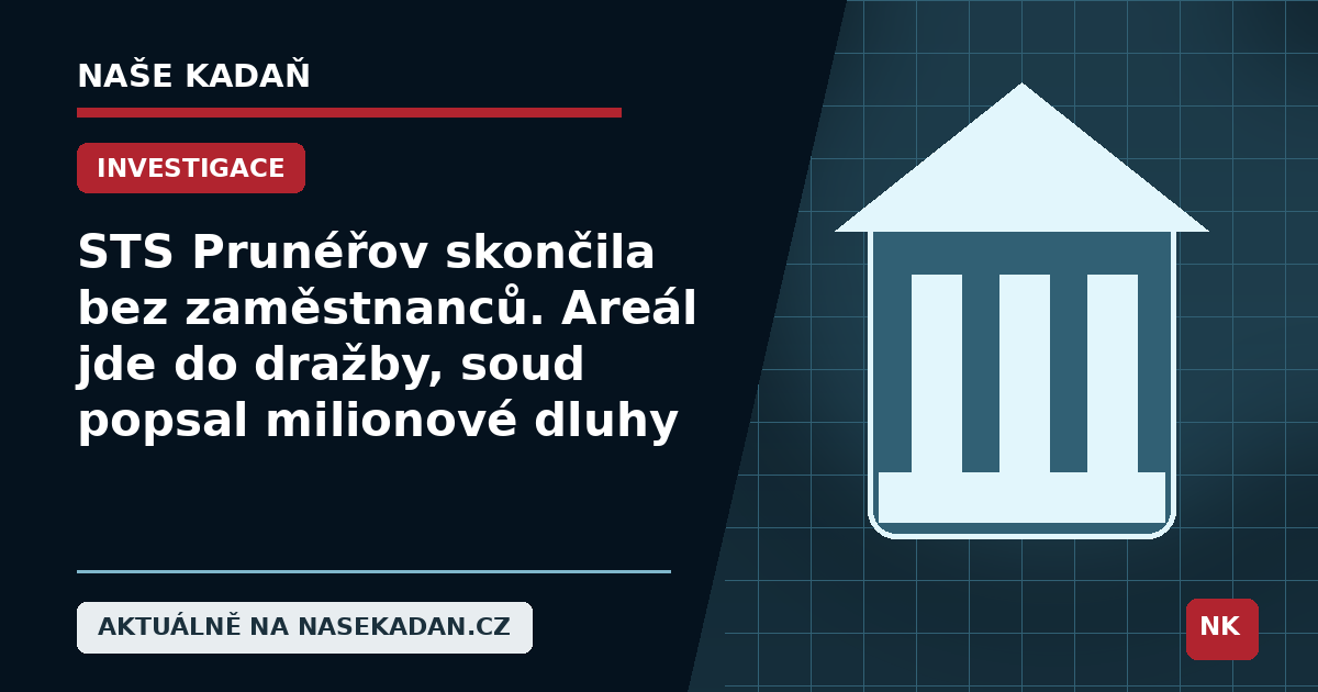 Redakční grafika Naší Kadaně k pádu STS Prunéřov, konkursu a připravované dražbě areálu